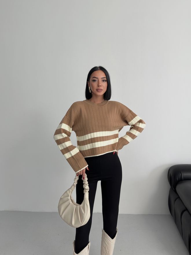 My Fashion Brown Casual Striped Crop Sweater Wholesale Clothing Casual