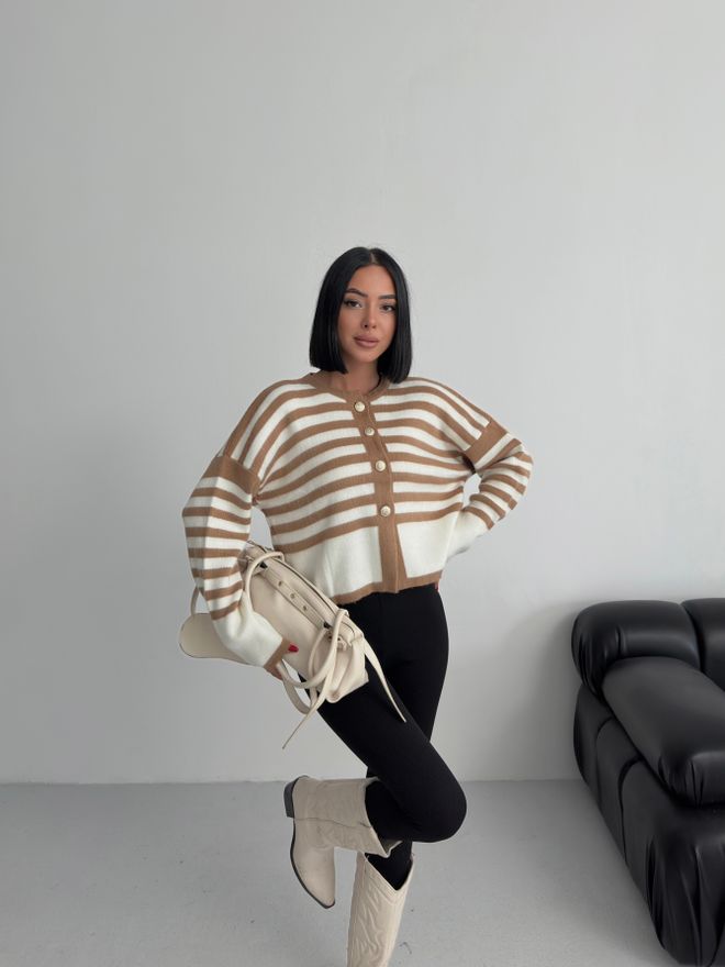 My Fashion Bež Črtast Oversized Jopica Oblačila na debelo Ležerno