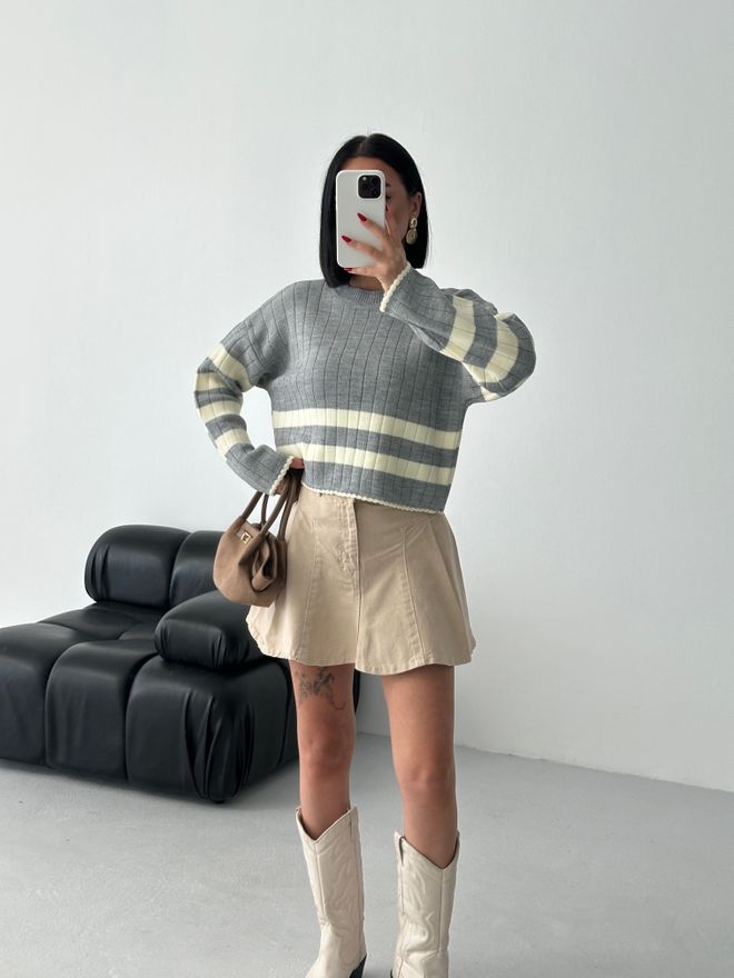 My Fashion Grey Casual Sweater With Striped Pattern Wholesale Clothing Casual