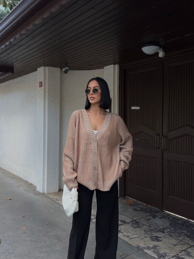My Fashion Μπεζ Ριγέ Ζακέτα Oversized Μέγεθος Χονδρικό εμπόριο ενδυμάτων Casual