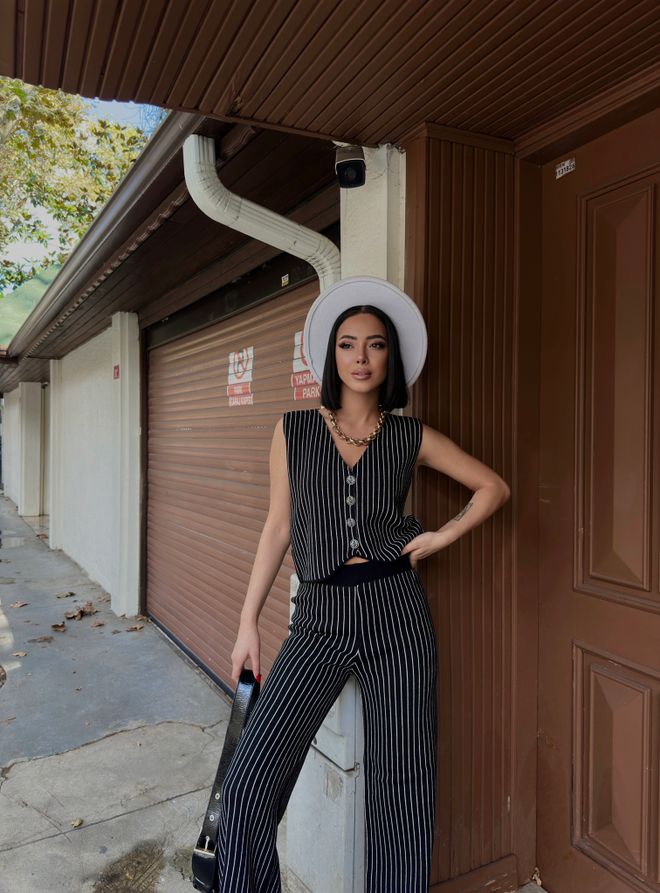 My Fashion Schwarzer Gestreifter Ärmelloser Palazzohose Anzug Großhandelskleidung Lässig