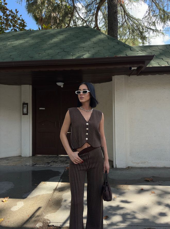 My Fashion Brauner Eleganter Gestreifter Ärmelloser Anzug Großhandelskleidung Lässig
