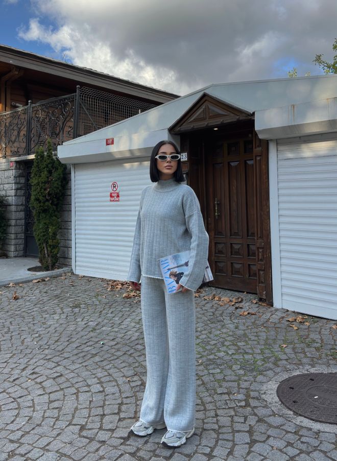 My Fashion Grau Gestreifter Lässiger Anzug Mit Palazzo Hose Großhandelskleidung Modest