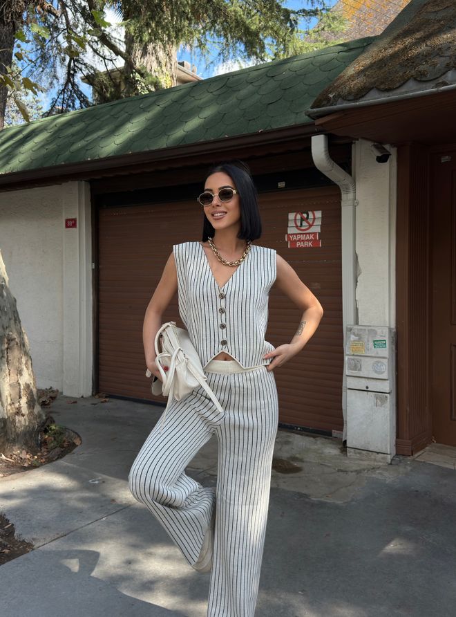 My Fashion Weiß Gestreifter Ärmelloser Geknöpfter Anzug Großhandelskleidung Lässig