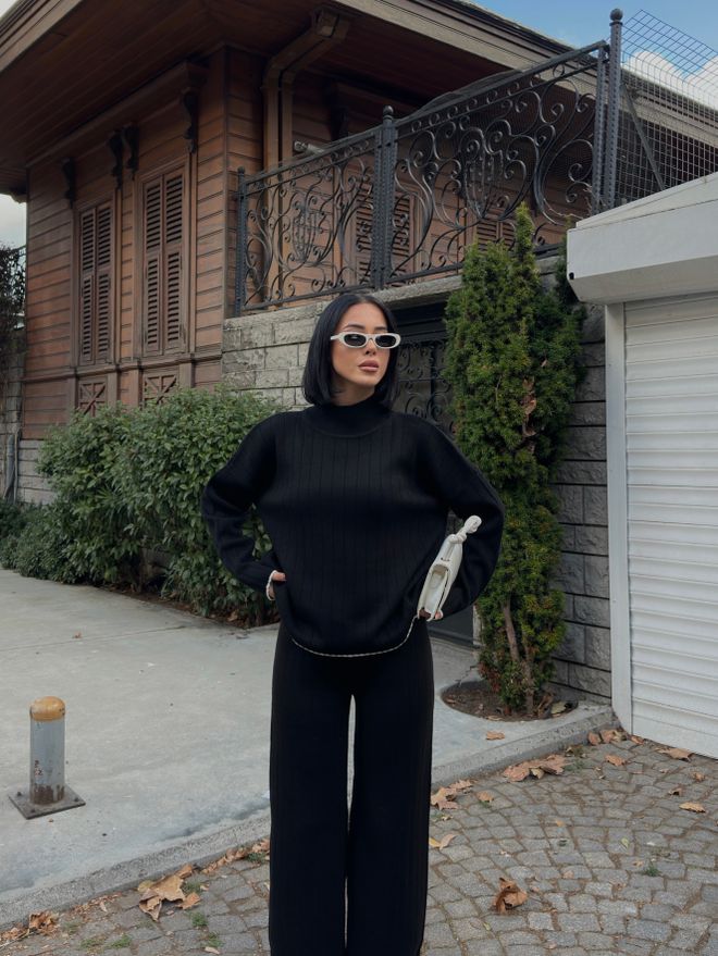My Fashion Schwarzer Oversized Palazzo Anzug Mit Hohem Hals Großhandelskleidung Lässig