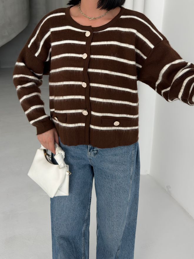 My Fashion Braun Gestreifte Lässige Strickjacke Mit Pattentaschen Großhandelskleidung Lässig