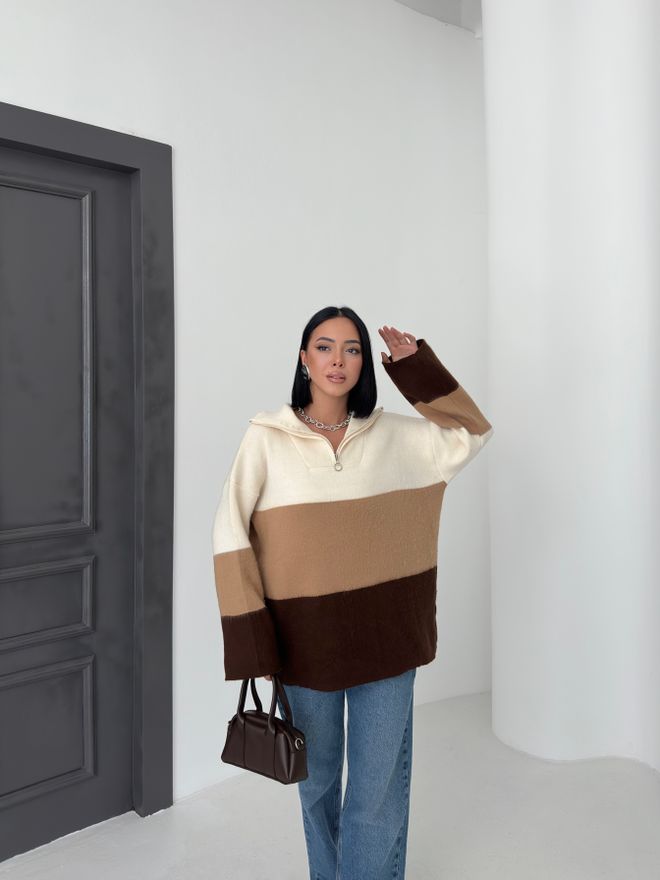 My Fashion Beige Sweater With Oversized Fit And Color Block Wholesale Clothing Casual