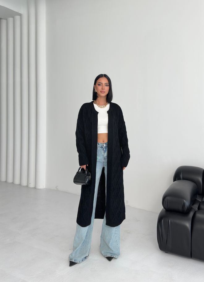 My Fashion Schwarz Strickjacke Übergroße Passform Offene Vorderseite Langarm Großhandelskleidung Lässig