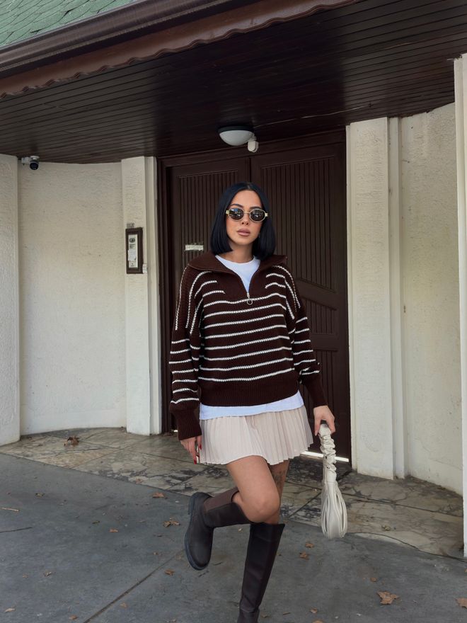 My Fashion Brauner Gestreifter Oversized Pullover Mit Polokragen Großhandelskleidung Lässig