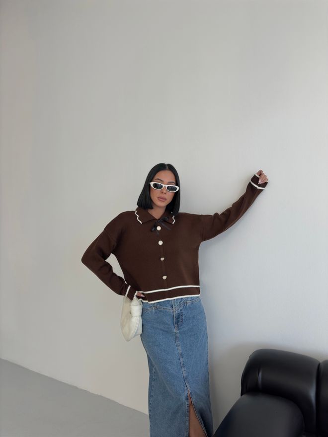 My Fashion Brauner Lässiger Pullover Mit Gekerbtem Hals Großhandelskleidung Lässig