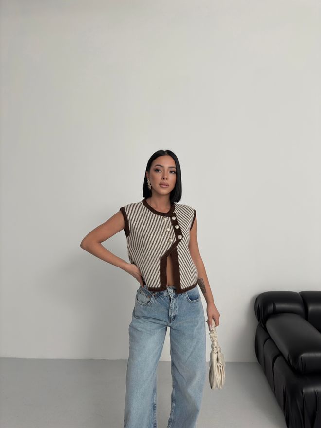 My Fashion Braune Retro Gestreifte Weste Mit Knöpfen Großhandelskleidung Lässig