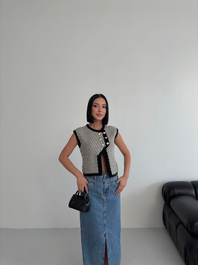 My Fashion Μαύρο Ριγέ Λεπτή Γραμμή Casual Αμάνικο Μπλουζάκι Χονδρικό εμπόριο ενδυμάτων Casual