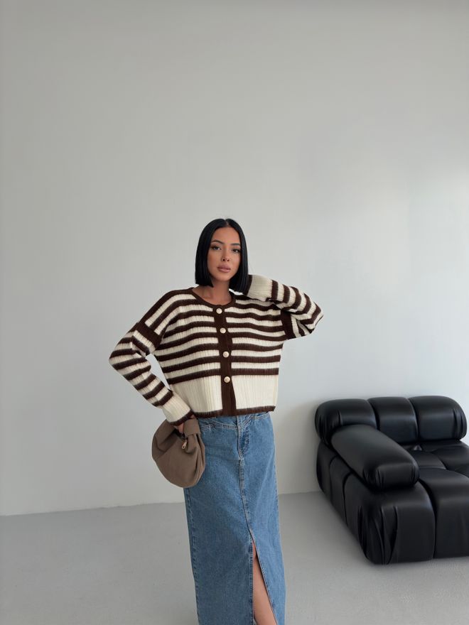 My Fashion Braune Strickjacke Mit Oversized Passform Und Streifenmuster Großhandelskleidung Lässig