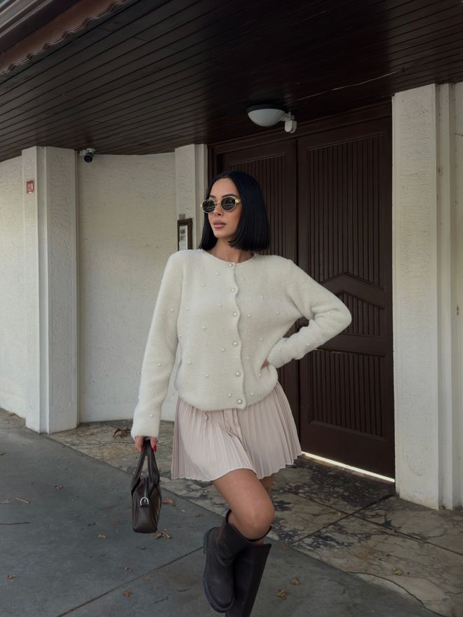 My Fashion Beige Elegante Strickjacke Mit Knöpfen Und Rundhalsausschnitt Großhandelskleidung Lässig
