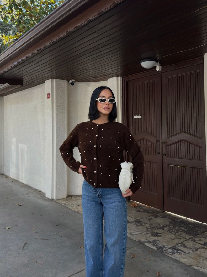 My Fashion Braune Strickjacke Mit Polka Dots Großhandelskleidung Lässig