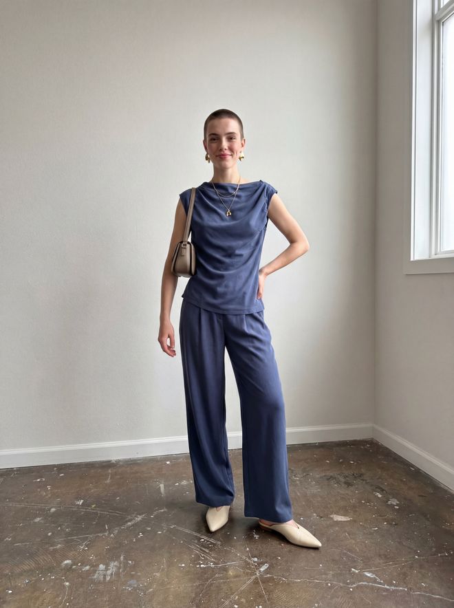 My Fashion جلس أزرق أنيق مع بنطلون بالازو واسع الساق ملابس بالجملة غير رسمي