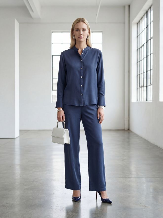 My Fashion Lacivert Resmi Zarif Takım Düğmeli Palazzo Pantolon Toptan Giyim Gündelik