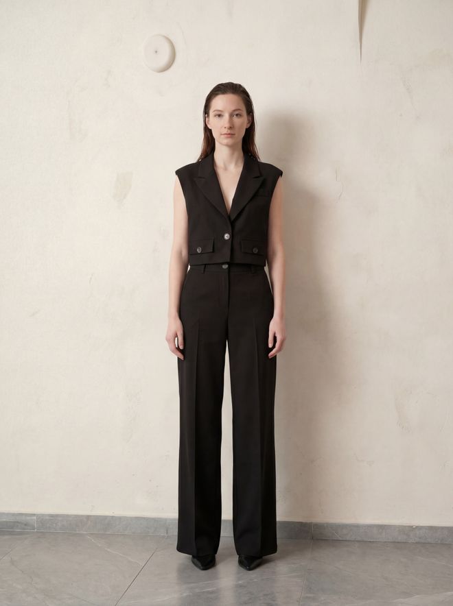 My Fashion Black Formal Buttoned Crop Vest With Flap Pockets Wholesale Clothing Cotton