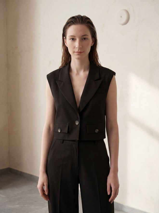 My Fashion Black Formal Buttoned Crop Vest With Flap Pockets Wholesale Clothing Spring