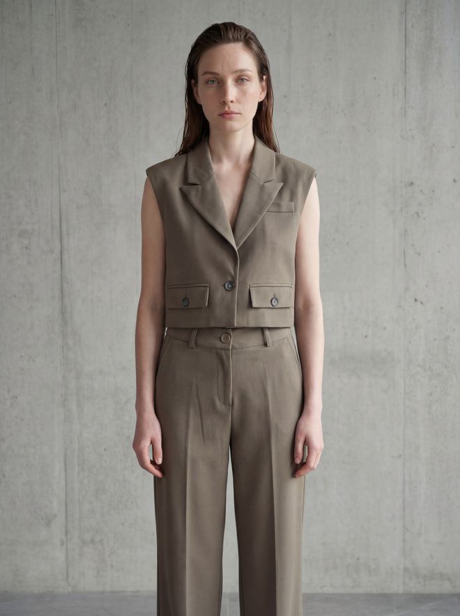 My Fashion Khaki Formal Elegant Crop Vest With Flap Pocket Wholesale Clothing Cotton