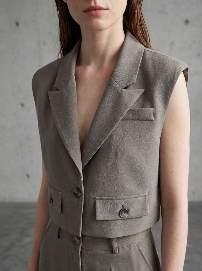 My Fashion Khaki Formal Elegant Crop Vest With Flap Pocket Wholesale Clothing Polyester