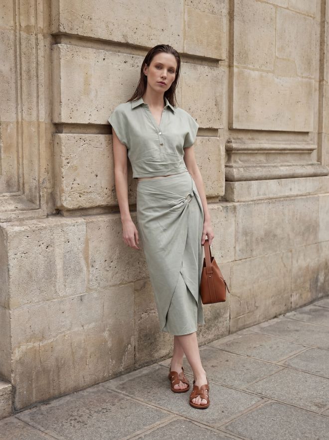 My Fashion Traje Caqui Casual Elegante Formal Envolvente Midi Ropa al por mayor Casual