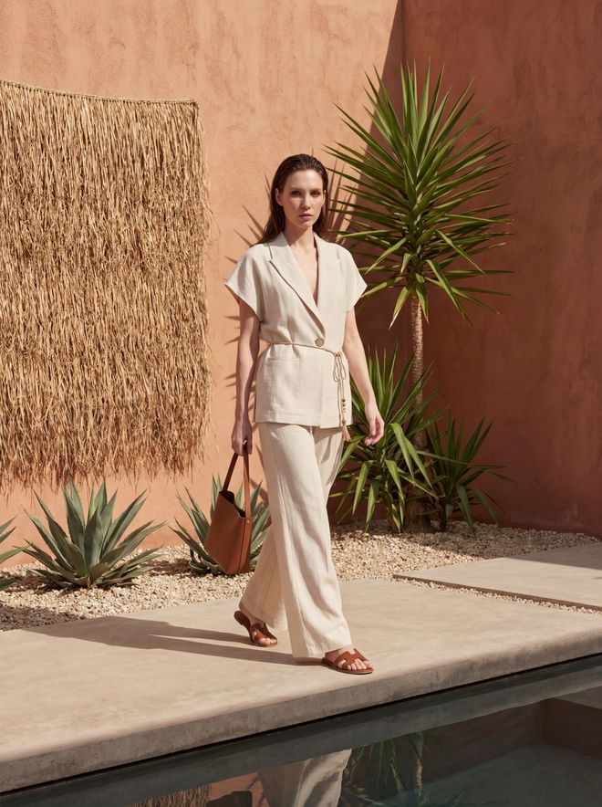 My Fashion Beige Regular Fit Elegant Suit With Wide Leg Palazzo Pants Wholesale Clothing Cotton