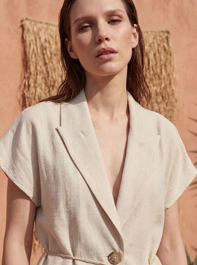 My Fashion Beige Regular Fit Elegant Suit With Wide Leg Palazzo Pants Wholesale Clothing Linen