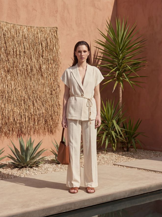 My Fashion Traje Beige Elegante De Ajuste Regular Con Pantalón Palazzo De Pierna Ancha Ropa al por mayor Casual