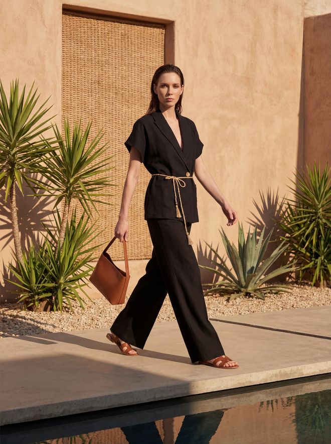 My Fashion Beige Casual Elegant Modest Suit With Wrap Midi Skirt Wholesale Clothing Linen