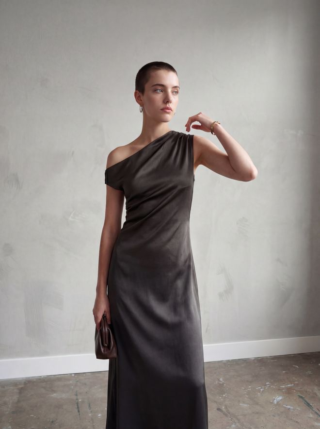 My Fashion Vestido Slip Negro Elegante Con Cuello De Un Hombro Ropa al por mayor Elegante