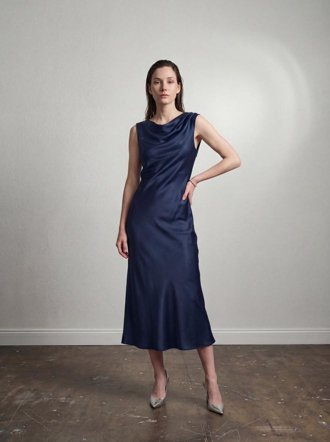 My Fashion Elegante Vestido Slip Azul Marino Con Mangas Casquillo Ropa al por mayor Elegante