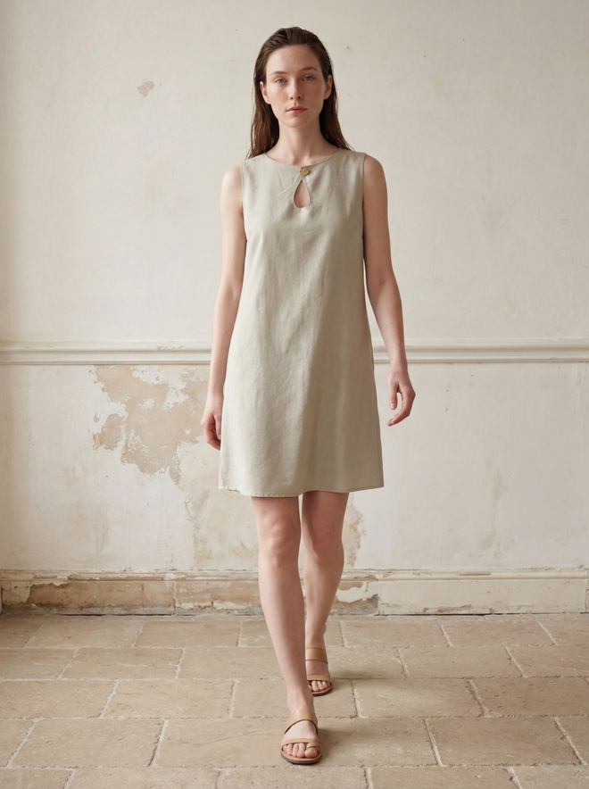 My Fashion Vestido Shift Beige Con Cuello De Cerradura Y Manga Casquillo Ropa al por mayor Casual