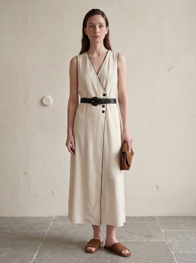 My Fashion Robe Portefeuille Beige Avec Décolleté En V Et Manches Courtes Vêtements en gros Décontracté