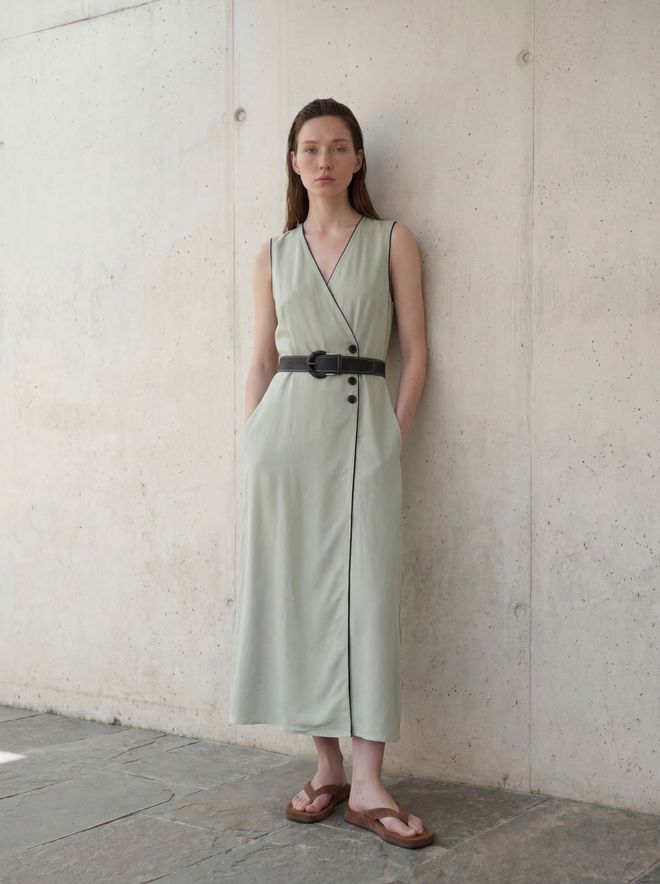 My Fashion Vestido Envolvente Caqui Con Escote En V Y Manga Casquillo Ropa al por mayor Casual