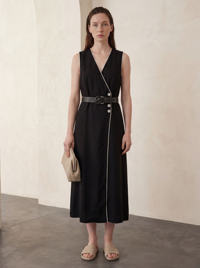 My Fashion Vestido Envolvente Negro Elegante Con Escote En V Y Manga Casquillo Ropa al por mayor Casual