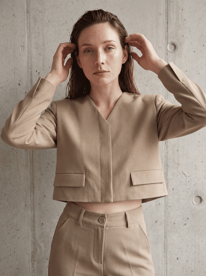 My Fashion Beige Jacket Elegant Single Breasted Crop Blazer Wholesale Clothing Elegant