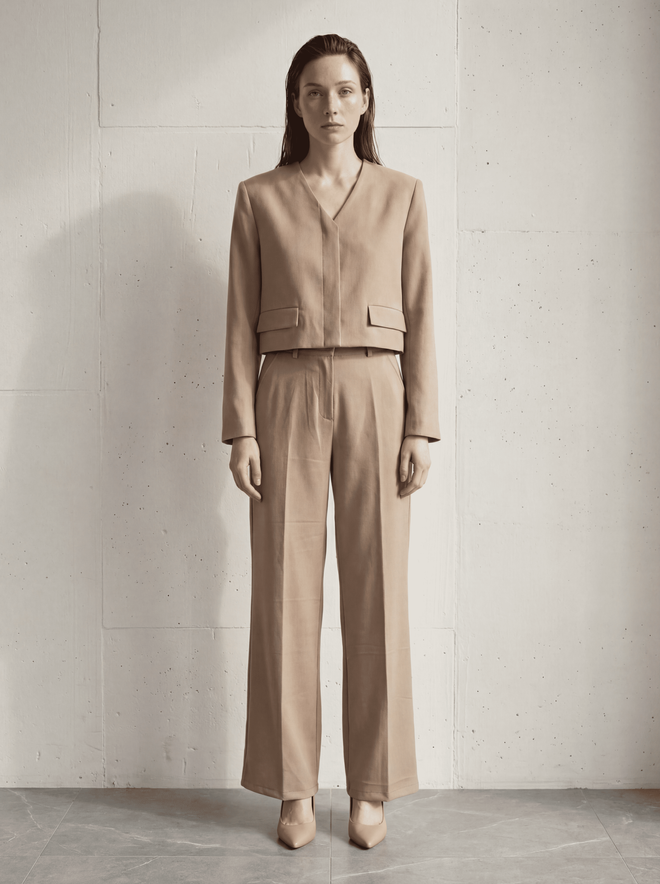 My Fashion Beige Jacket Elegant Single Breasted Crop Blazer Wholesale Clothing Polyester