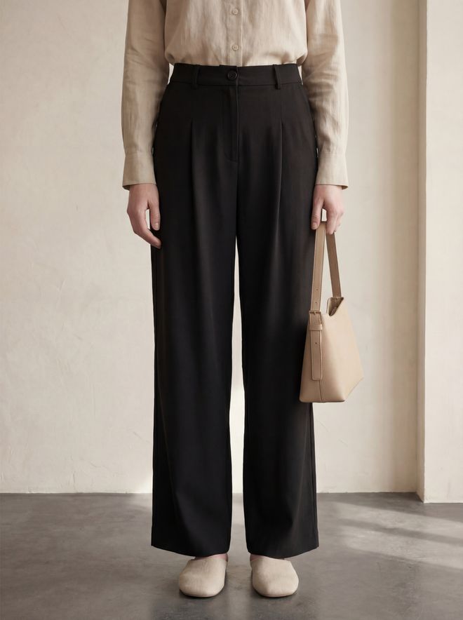 My Fashion Siyah Palazzo Pantolon Geniş Paça Düğmeli Orta Bel Toptan Giyim Gündelik