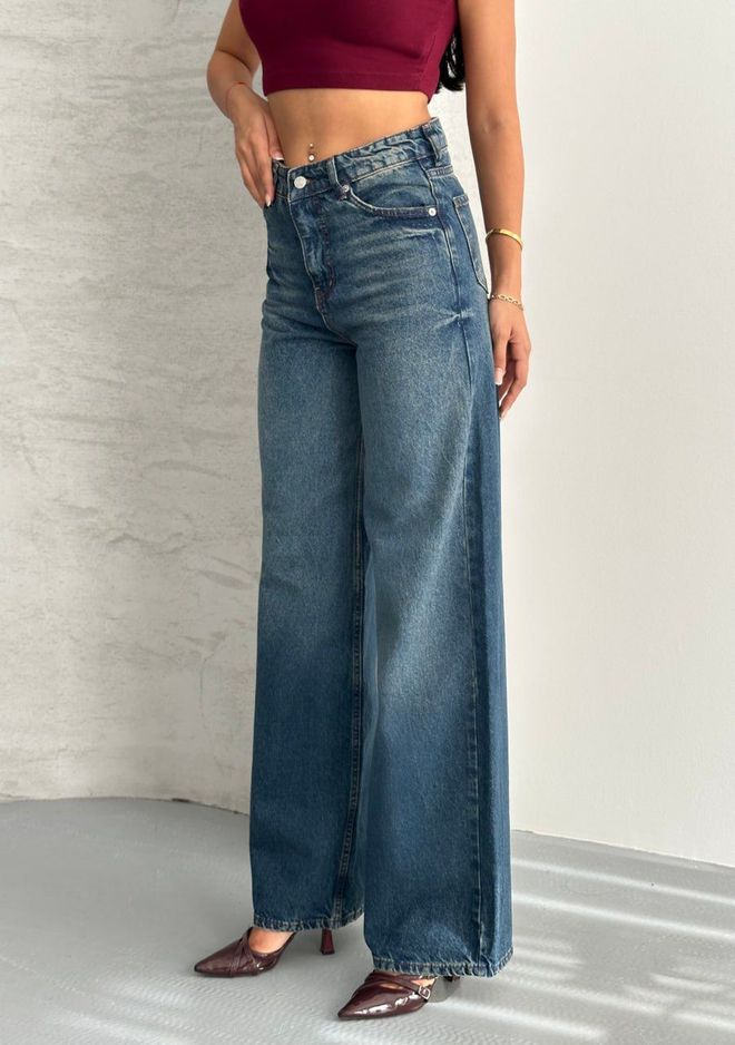 My Jest Fashion Blue Palazzo Wide Leg High Waist Buttoned Jeans Wholesale Clothing Fall