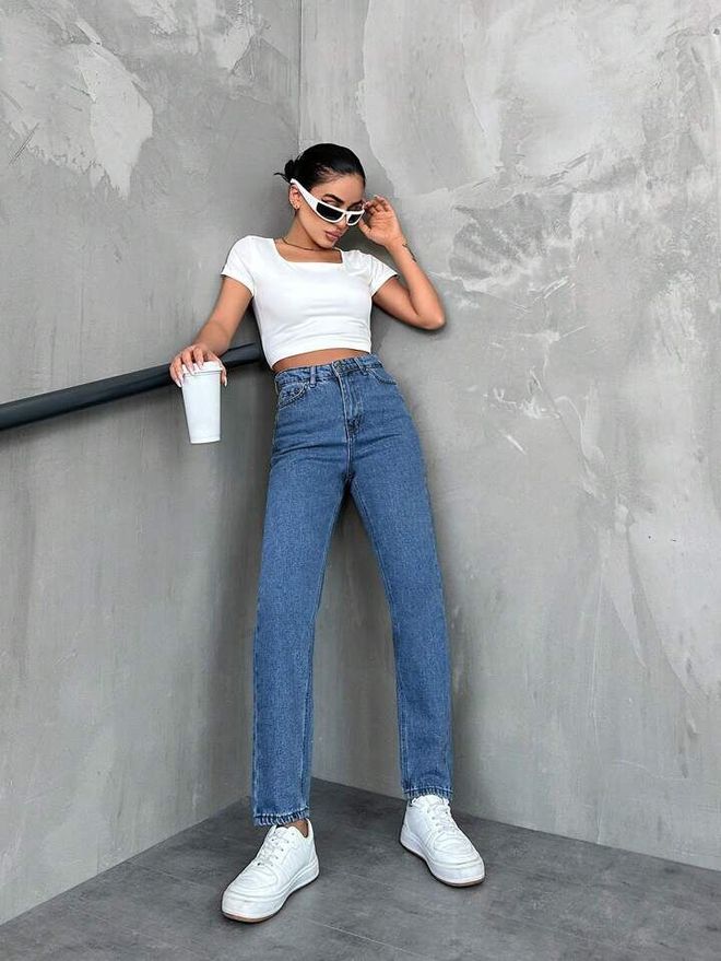 My Jest Fashion Jean Bleu Maman Taille Haute Jambes Droites Boutonné Vêtements en gros Décontracté