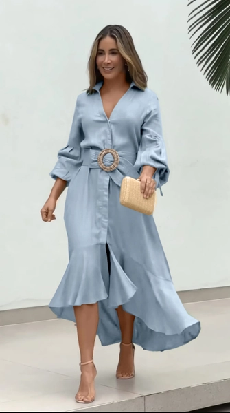 A model wears MJF10068 - Woven Viscose Belt Detailed Dress, wholesale Dress of My Jest Fashion to display at Lonca