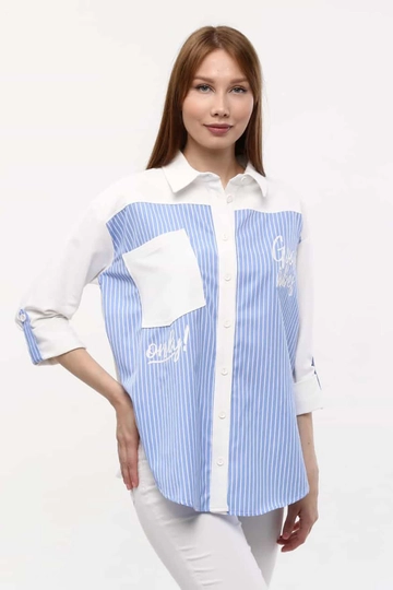 A wholesale clothing model wears  Two Thread And Poplin Appliques Long Sleeve Shirt Collar Women's Striped Shirt - Ecru
, Turkish wholesale Shirt of Newgirl