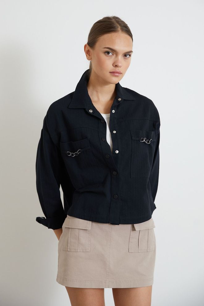 Newgirl Gabardine Long Sleeve Shirt Collar Loose Cut Women's Jacket Black Wholesale Clothing No Fabric