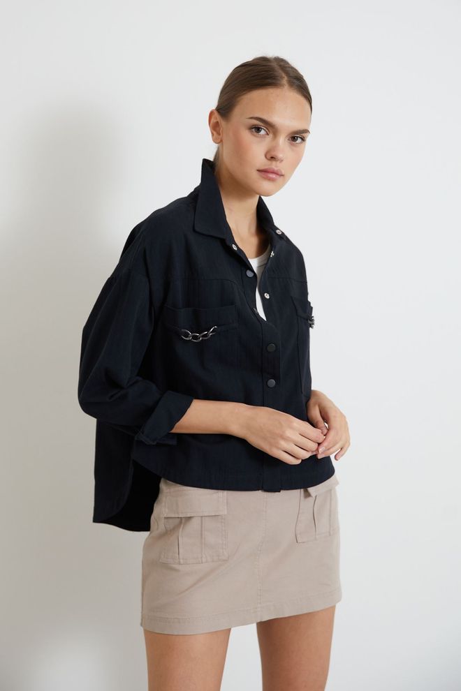 Newgirl Gabardine Long Sleeve Shirt Collar Loose Cut Women's Jacket Black Wholesale Clothing Work