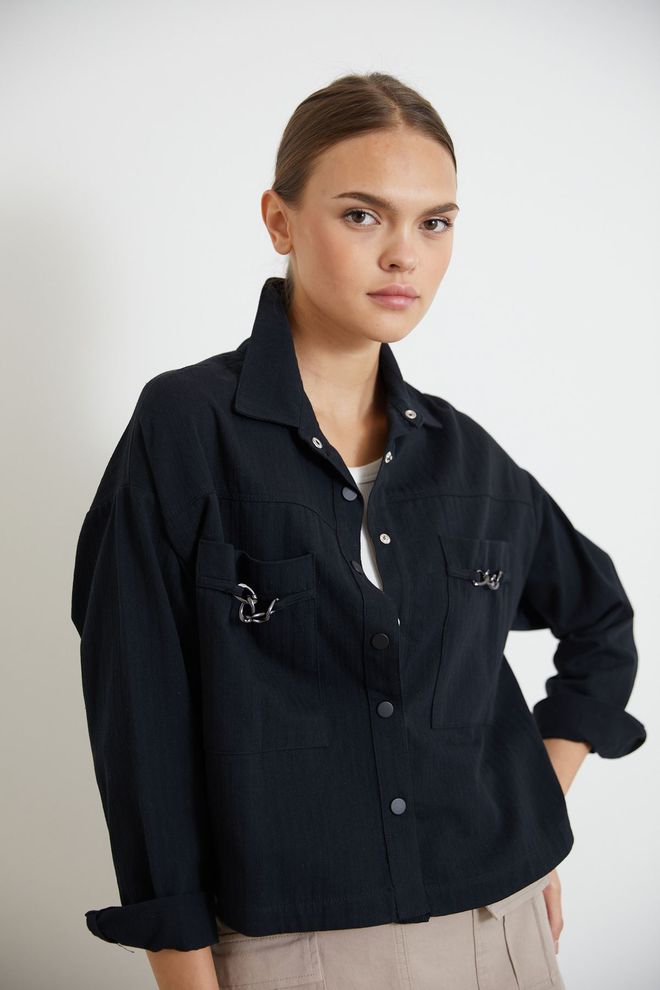 Newgirl Gabardine Long Sleeve Shirt Collar Loose Cut Women's Jacket Black Wholesale Clothing Spring