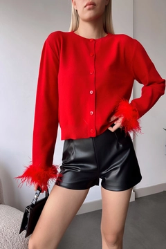 A wholesale clothing model wears new10144-viscose-crew-neck-removable-feather-women's-cardigan-red, Turkish wholesale Cardigan of Newgirl
