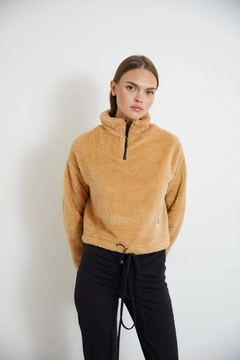A wholesale clothing model wears new10175-plush-long-sleeve-judge-collar-women's-plush-sweatshirt-camel, Turkish wholesale Sweatshirt of Newgirl