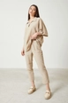 A wholesale clothing model wears new10188-shirt-collar-top-elastic-waist-trousers-women's-summer-suit-beige, Turkish wholesale  of 