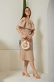 A wholesale clothing model wears new10208-modal-fabric-shawl-collar-women's-summer-dress-mink, Turkish wholesale  of 